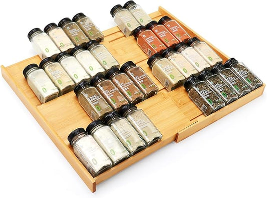 Bamboo Spice Drawer Organizer, (Need 3.1” Deep Drawer) Expandable 4 Tier Spice Rack for Cabinet (From 12" to 23" Wide), Seasoning Storage Insert, Spice Organizer for Drawer,Jars Not Included by Thalomely