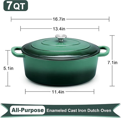 E-far 7QT Oval Dutch Oven Pot with Lid, Enameled Cast Iron Dutch Oven with Dual Handles, Heavy-Duty Cookware for Sourdough Bread Baking, Braising, Stews, Oven Safe & Easy Clean, Dark Green