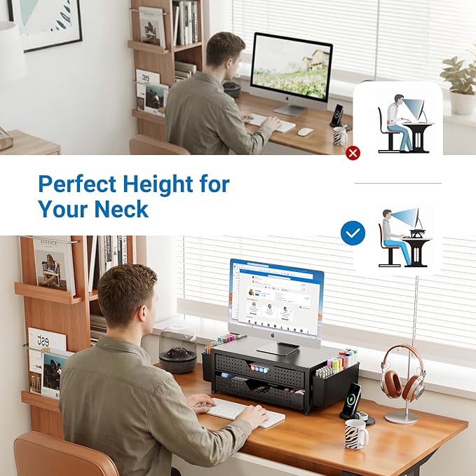 OPNICE Computer Monitor Stand Riser with 2 Drawers & 2 Pen Holders, Desk Organizer for Office Supplies, Laptop Stand for Desk, Workspace Desk Organizers and Accessories for Home Office, Black - Image 5