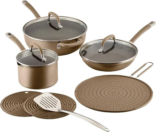 Circulon A1 Series with ScratchDefense Technology Nonstick Induction Pots and Pans, Metal Utensil Safe, Includes Splatter Guard, Slotted Turner and Silicone Trivets, 10 Piece Cookware Set - Champagne by Circulon