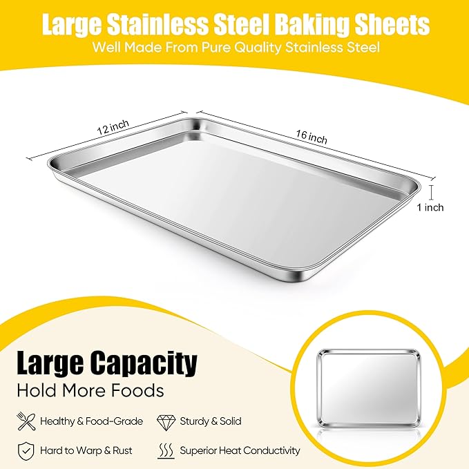 Homikit 1 Pack Baking Sheet, 16x12 Inch Stainless Steel Cookie Tray Set for Oven, Metal Jelly Roll Pan for Baking Cooking Toasting, Rustproof & Non Stick, Mirror Finish & Dishwasher Safe - Image 2