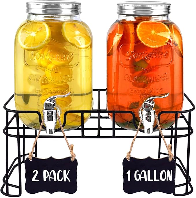 2 Pack 1 Gallon Drink Dispenser with Stainless Steel Spigot, Sun Tea Glass Mason Jar for Outside, Iced Lemonade Beverage Dispenser with Ice Core, Large Water Juice Jug, Punch Dispenser for Parties
