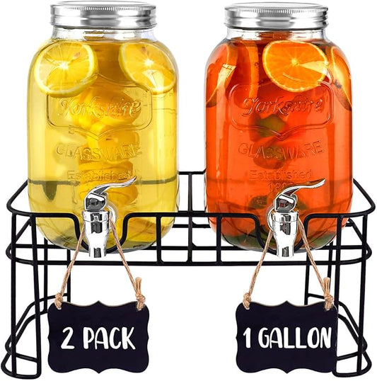 2 Pack 1 Gallon Drink Dispenser with Stainless Steel Spigot, Sun Tea Glass Mason Jar for Outside, Iced Lemonade Beverage Dispenser with Ice Core, Large Water Juice Jug, Punch Dispenser for Parties