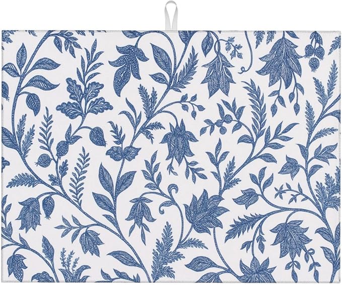 Blue Floral Print Dish Drying Mats for Kitchen Counter, Large 18"x24" Dish Mats for Drying Dishes, Microfiber Absorbent Dish Drying Pad Rack Mat Kitchen Decor Reusable Washable