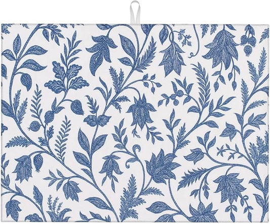 Blue Floral Print Dish Drying Mats for Kitchen Counter, Large 18"x24" Dish Mats for Drying Dishes, Microfiber Absorbent Dish Drying Pad Rack Mat Kitchen Decor Reusable Washable