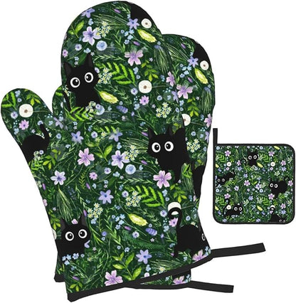 Spring Funny Black Cat Hot Pads and Oven Mitts Heat Resistant,Green Oven Gloves Pot Holders Set for Cooking Baking Grilling BBQ,Cute Cat Lover & Baking Gifts for Women