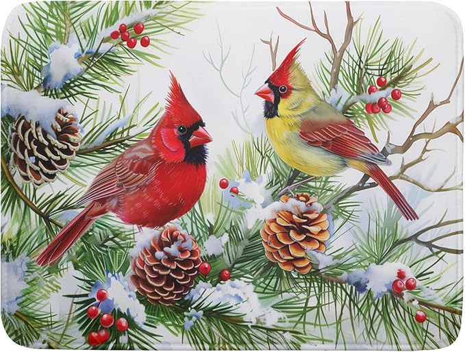 Giwawa Red Birds Dish Drying Mat, Xmas Tree Branch Holly Red Berries Dish Drainer Mats, Winter Snow Pine Cones Reversible Dish Drying Rack Pad Protector for Kitchen Countertop Decor, 18"x24"