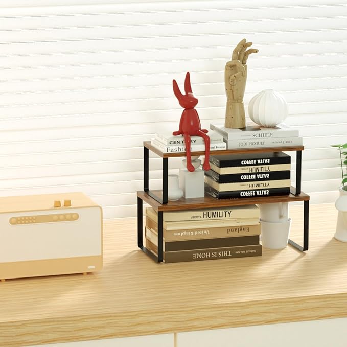 NEX Kitchen Cabinet and Counter Shelf Organizer, Stackable & Expandable, Set of 4, Black and Rustic Brown - 7.7 x 15.6 x 6.2'' - Image 7