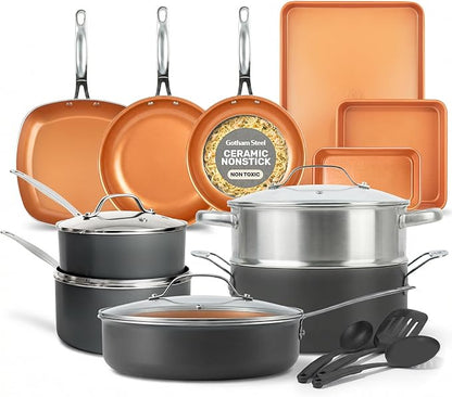 GOTHAM STEEL 20 Pc Ceramic Cookware Set, Copper Pots and Pans Set Non Stick with Bakeware, Cooking Utensils, and Steamer, Oven and Dishwasher Safe by GothamSteel