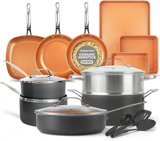 GOTHAM STEEL 20 Pc Ceramic Cookware Set, Copper Pots and Pans Set Non Stick with Bakeware, Cooking Utensils, and Steamer, Oven and Dishwasher Safe by GothamSteel