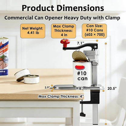 Commercial Manual Can Opener Heavy Duty for #10 Cans, Industrial Can Opener with Tabletop Clamp Mount, Stainless Steel Blade and Base, Dual Mounting Options for Restaurants & Home Kitchens