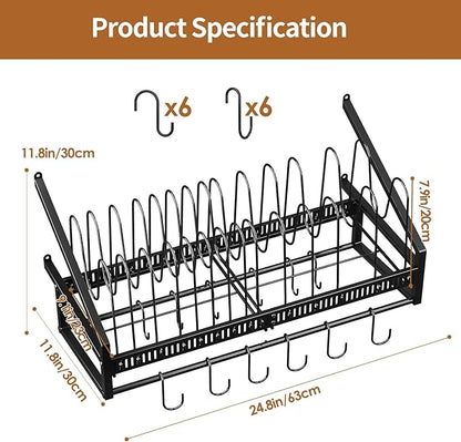Housolution Pan Rack Wall Mounted, 24.8" Vertical Lid Organizer with 14 Adjustable Dividers, Heavy Duty Hanging Cookware Holder Hanger with 6 S-Hooks & 6 Vertical Hooks - Image 7