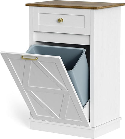 YESHOMY 10 Gallon Tilt-Out Trash Cabinet, Wooden Hidden Garbage Can Holder with Storage Drawers for Kitchen and Dining Room, White (2 Piece)