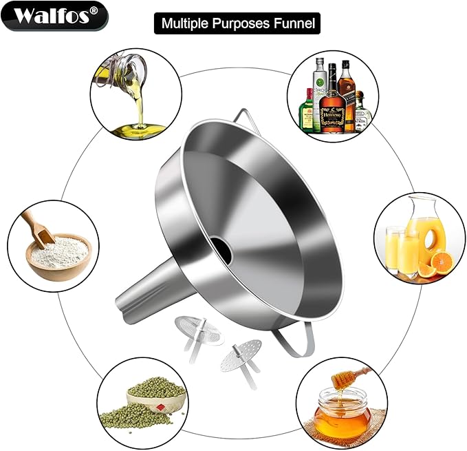Walfos Extra Large Stainless Steel Funnel with Venting Slot, Kitchen Funnel with 2 Removable Strainer ＆ 1Pc Cleaning Brush, Perfect for Transferring Liquid, Oils, Jam, Dry Ingredients (Jumbo, 7.9") - Image 6