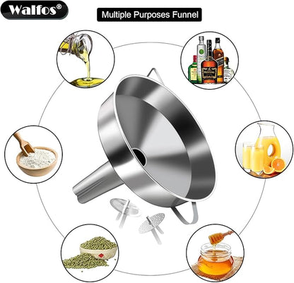 Walfos Extra Large Stainless Steel Funnel with Venting Slot, Kitchen Funnel with 2 Removable Strainer ＆ 1Pc Cleaning Brush, Perfect for Transferring Liquid, Oils, Jam, Dry Ingredients (Jumbo, 7.9") - Image 6