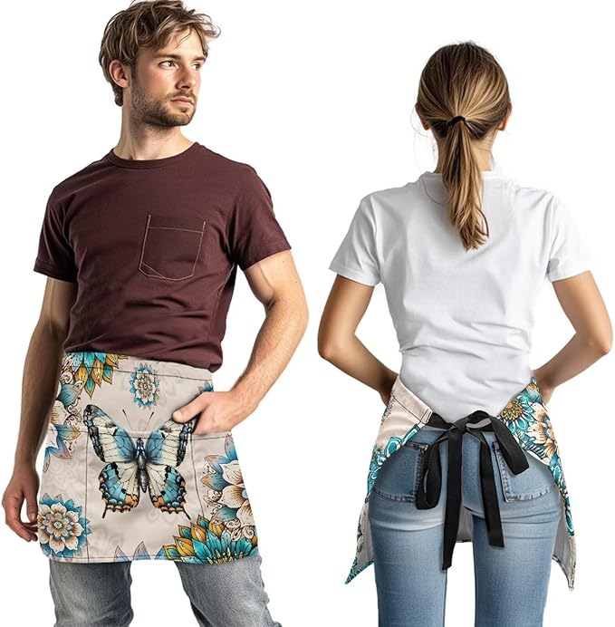 Server Apron with 3 Pockets, Waterproof Oil Waitress Waiter Half Apron for Restaurant Hotel Kitchen Cafe