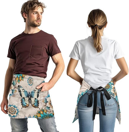 Server Apron with 3 Pockets, Waterproof Oil Waitress Waiter Half Apron for Restaurant Hotel Kitchen Cafe