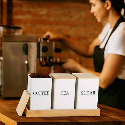 3 Pack Coffee Tea Sugar Container with Tray Airtight Metal Canister with Bamboo Lid Tray for Kitchen Counter Dining Room Farm House Kitchen Style Drink Station Organizer Set(White)