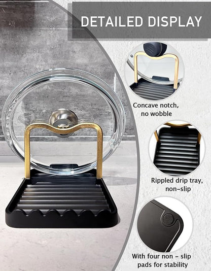 Anti-Rust Metal Spoon Rest with Lid Holder, Heat-Resistant Pot Lid Rest, Multifunctional Spatula Holder While Cooking for Stovetop and Kitchen Counter – Black Gold - Image 3