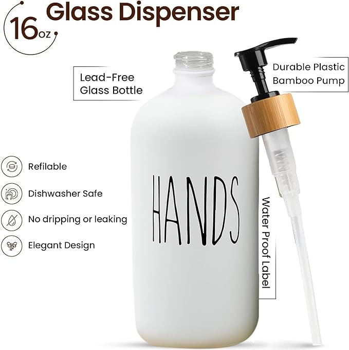 Sunrise Premium 16 OZ Thick White & Black Glass Soap Dispenser, Bamboo Pump with Tray 2 Pack, Hand and Dish Soap Dispenser Set for Bathroom with 6 Waterproof Labels - Image 2