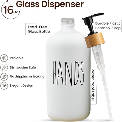 Sunrise Premium 16 OZ Thick White & Black Glass Soap Dispenser, Bamboo Pump with Tray 2 Pack, Hand and Dish Soap Dispenser Set for Bathroom with 6 Waterproof Labels - Image 2