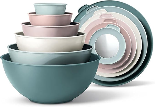 COOK WITH COLOR Mixing Bowls with TPR Lids - 12 Piece Plastic Nesting Bowls Set includes 6 Prep Bowls and 6 Lids, Microwave Safe (Teal) by CookwithColor