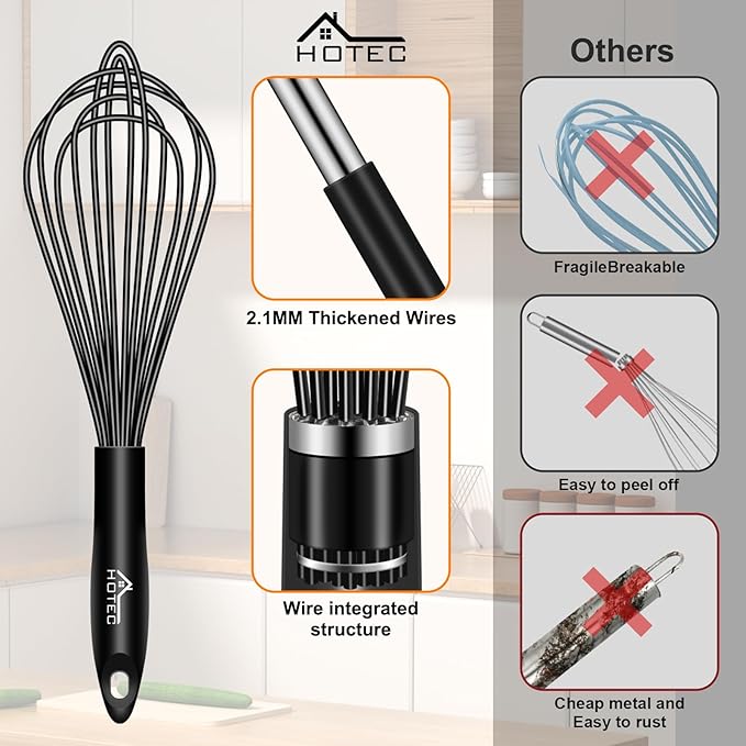 HOTEC 4 Pieces Silicone Whisks Set, Wire Balloon Whisks Egg Beater, Non-slip Handle Whisk for Non-stick Cookware Perfect for Cooking, Stirring, Beating and Blending (Black) - Image 5
