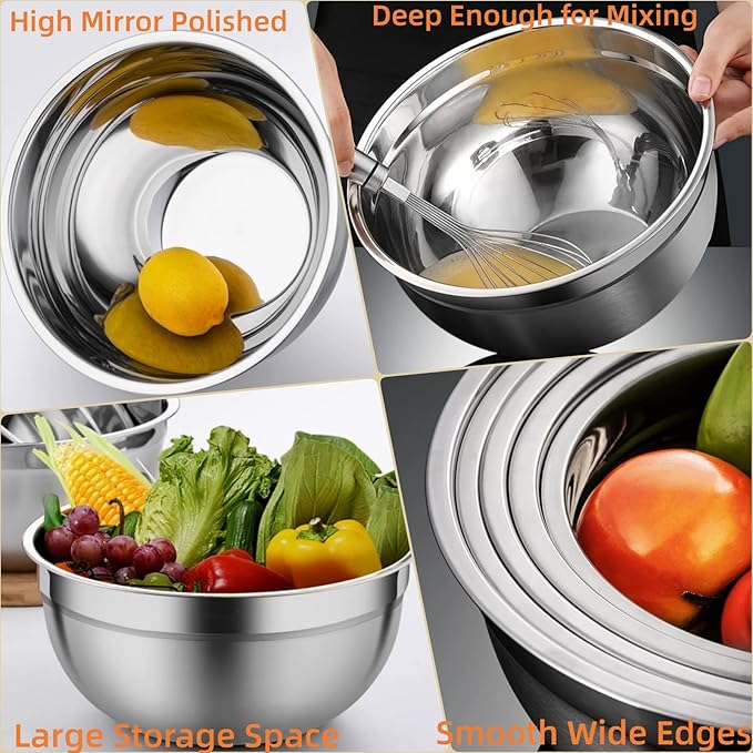 MIKULA Mixing Bowls Set, 22PCS Large Stainless Steel Mixing Bowl with Lids Set, Large Nesting Bowls 7/6/4.5/3.5/2.5QT, Measuring Cups and Spoons Baking Storage Metal Bowl for Kitchen Prep Supplies - Image 8