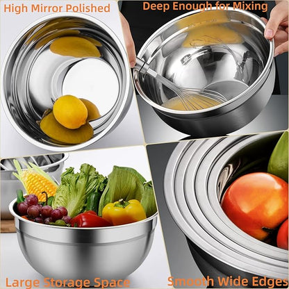 MIKULA Mixing Bowls Set, 22PCS Large Stainless Steel Mixing Bowl with Lids Set, Large Nesting Bowls 7/6/4.5/3.5/2.5QT, Measuring Cups and Spoons Baking Storage Metal Bowl for Kitchen Prep Supplies - Image 8