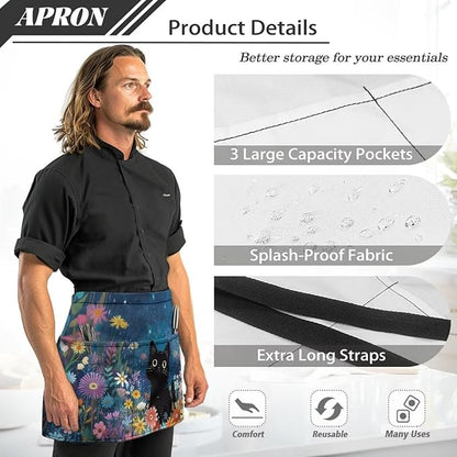 Server Apron with 3 Pockets, Waterproof Oil Waitress Waiter Half Apron for Restaurant Hotel Kitchen Cafe