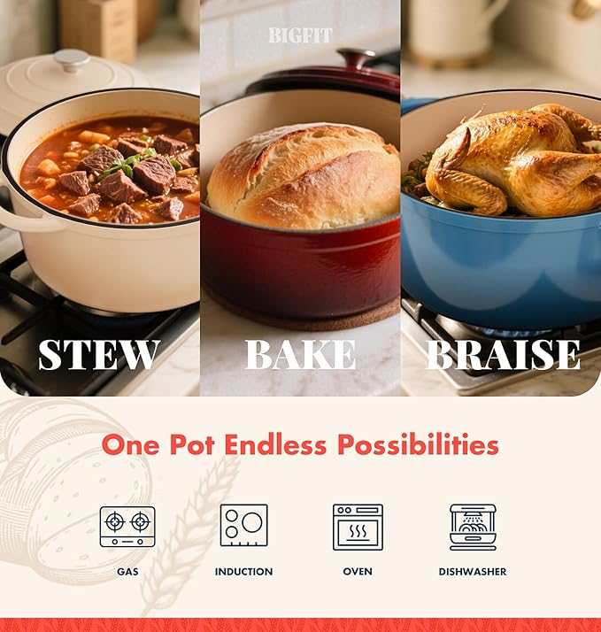 Cast Iron Dutch Oven for Bread Baking, With Banneton Bread Proofing Basket & Sourdough Baking Supplies, 5QT Multi-Functional Enameled Dutch Oven Pot with Lid, Cast Iron Bread Pan, Red - Image 6