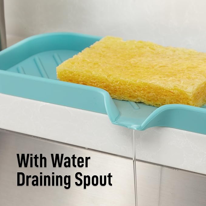 Zulay Kitchen Large Silicone Sponge Holder (12x4) – Flexible Sink Organizer Tray for Kitchen & Bathroom – Multipurpose Soap Dish for Sponges, Makeup, Trinkets & More (Aqua Sky) - Image 8