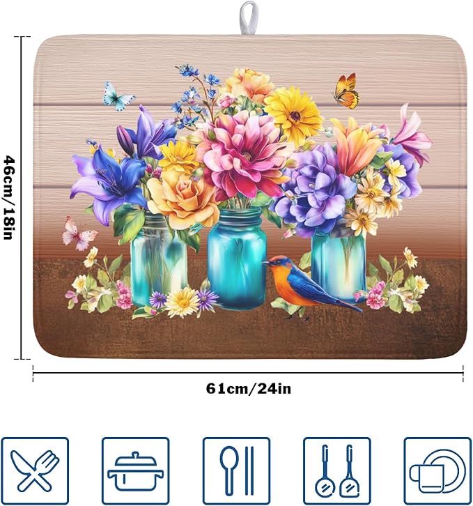 Spring Colorful Flowers Dish Drying Mat for Kitchen Counter,Vintage Plants Mason Jar Butterflies Drying Mat 18 x 24 Inch with Absorbent Reversible Microfiber Dish Drying Pad for Coffee Bar - Image 2