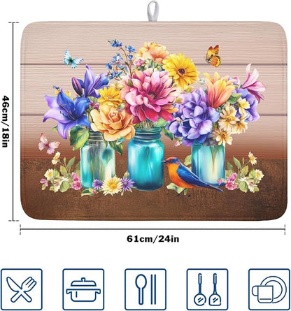 Spring Colorful Flowers Dish Drying Mat for Kitchen Counter,Vintage Plants Mason Jar Butterflies Drying Mat 18 x 24 Inch with Absorbent Reversible Microfiber Dish Drying Pad for Coffee Bar - Image 2