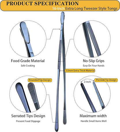 JETKONG 2 Pcs 16-Inch Heavy Duty Cooking Tweezers Extra Long Stainless Steel Kitchen Tweezers Large Plating Tongs (Navy Blue) - Image 2