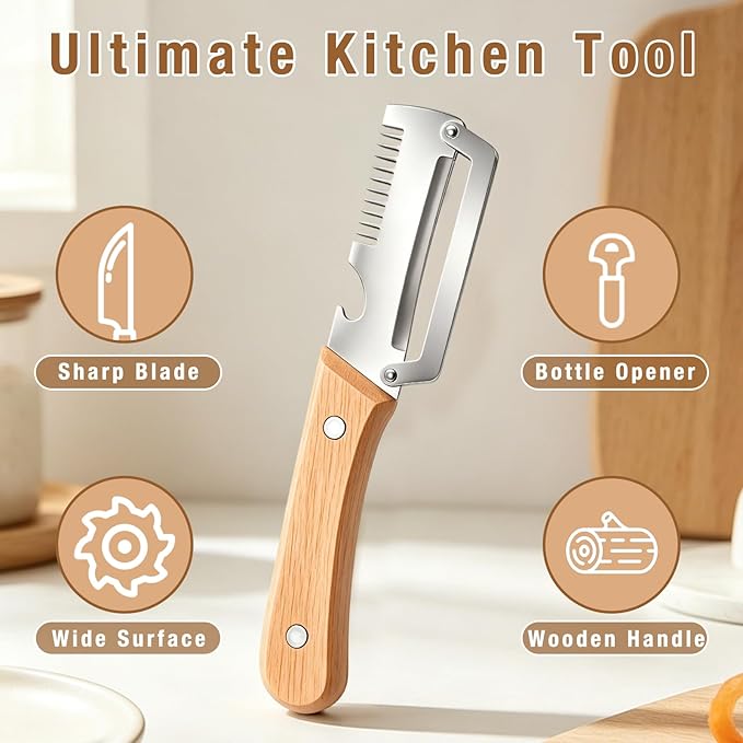 2 Pack Multifunctional Vegetable Peeler with Wooden Handle, 3-In-1 Veggie Peeler with Scallion Shredder and Bottle Opener, Stainless Steel Kitchen Peeler for Fruit Pumpkin Potato Carrot - Image 2