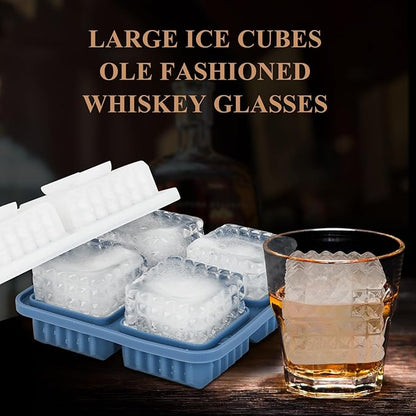 2 Pack Whiskey Ice Cubes Mold,Silicone Ice Cube Trays with Lid,2-Inch,Diamond Textured Large Square Ice Cube Mold,Bourbon Ice Cube Molds,Ice Trays-Ice Molds for Whiskey,Cocktails,Blue