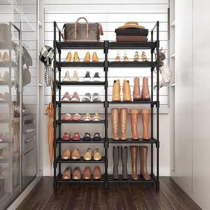 ROJASOP Shoe Rack Organizer, 8-Tier Metal Shoe Rack for Closet Entryway Garage, 26-32 Pairs Tall Shoe Boot Storage Shelf with 15 Hooks, Stackable Large Shoe Stand - Image 7