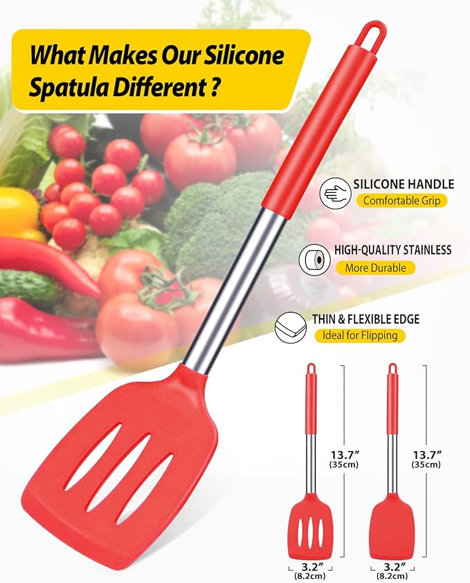 Pack of 2 Silicone Solid Turner, Non Stick Slotted Kitchen Spatulas, High Heat Resistant BPA Free Cooking Utensils, Ideal Cookware for Fish, Eggs, Pancakes(Red) - Image 2