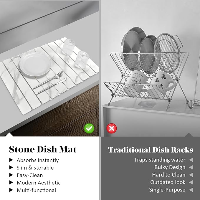 Large Stone Dish Drying Mats for Kitchen Counter, 24"(L)×16"(W) Marble-Pattern, Fast Drying Collapsible Dish Drying Mat, Eco-Friendly Absorbent Diatomaceous Earth Mats for Tableware, Match Countertop - Image 6