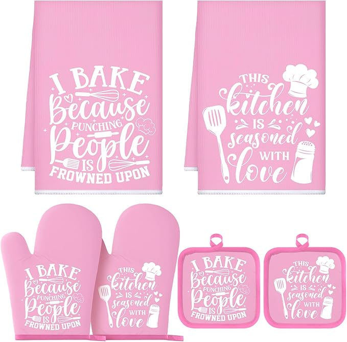 Sratte 6 Pcs Kitchen Decor Accessories Set Farmhouse Towels Pot Holders Oven Mitts Set 2 Dish Towels 2 Potholders 2 Cooking Mittens Oven Glove for Baking Cooking(Light Pink,Kitchen) by Sratte