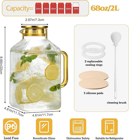 2 Pack 68oz/2 Liter Square Glass Pitcher with Handle and Lid, Classic Stripes Glass Water Pitcher with Handle for Fridge, Iced Tea, Coffee, Borosilicate Glass Carafe for Hot/Cold Brew Drink