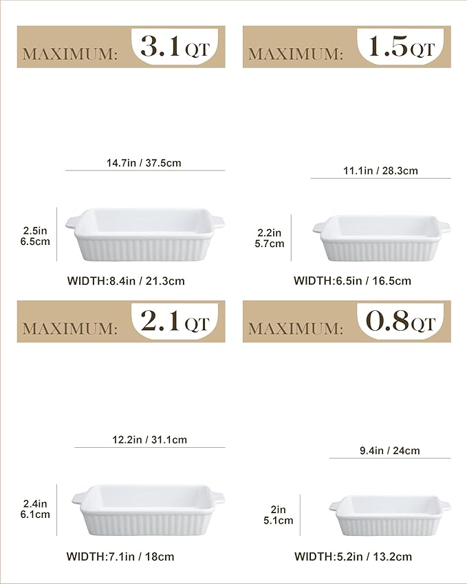 MALACASA Casserole Dishes for Oven, Porcelain Baking Dishes, Ceramic Bakeware Sets of 4, Rectangular Lasagna Pans Deep with Handles for Baking Cake Kitchen, White (9.4"/11.1"/12.2"/14.7"), Series - Image 2