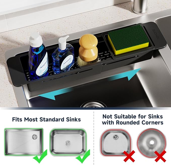 NiHome Extendable Over Sink Kitchen Organizer, Small Telescopic Brush Storage Rack for Sponge, Non-Slip Pads Expandable Sink Caddy, Adjustable Sponge/Brush Rack with Drainage Durable ABS (Black) - Image 4