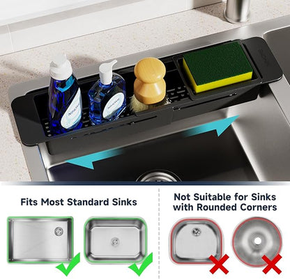 NiHome Extendable Over Sink Kitchen Organizer, Small Telescopic Brush Storage Rack for Sponge, Non-Slip Pads Expandable Sink Caddy, Adjustable Sponge/Brush Rack with Drainage Durable ABS (Black) - Image 4