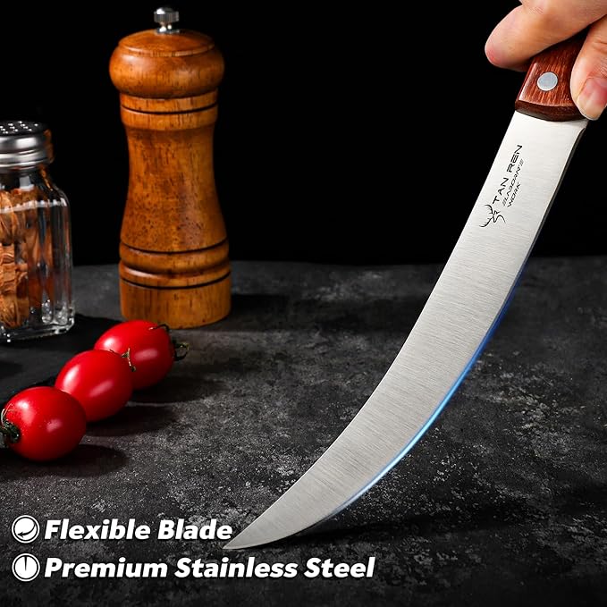 TAN REN Butcher Breaking Knife 8 Inch, Stainless Steel for Meat Cutting, Brisket Trimming With Sheath, Ergonomic Wooden Handle, Carving