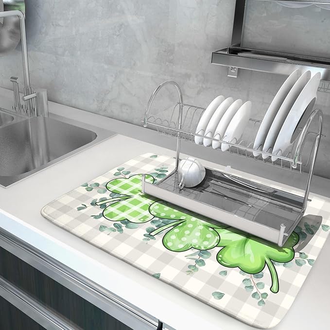 Giwawa Patrick Dish Drying Mat for Kitchen Green Clovers Grey Buffalo Plaids Dish Drainer Mats 18x24inch Spring Leaf Dish Drying Rack Pad Protector for Countertop Dining Holiday Decor