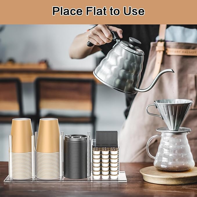 Acrylic Cup and Lid Holder with Straw Organizer, Adjustable Coffee Cup Holder Organizer, 5 Compartment Cup Dispenser for Disposable Paper & Plastic Cups, for Station Home Countertop(Patent in Effect) - Image 4