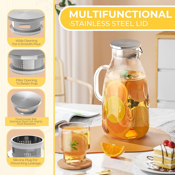 SUSTEAS 3 Liter 101 oz Glass Pitcher with Lid and Nozzle, Cold/Hot Water Glass Water Bottle, Ice Tea Water Jar for Refrigerator, Large Water Jar for Juice, Milk, Coffee or Homemade Drinks,Vase - Image 2