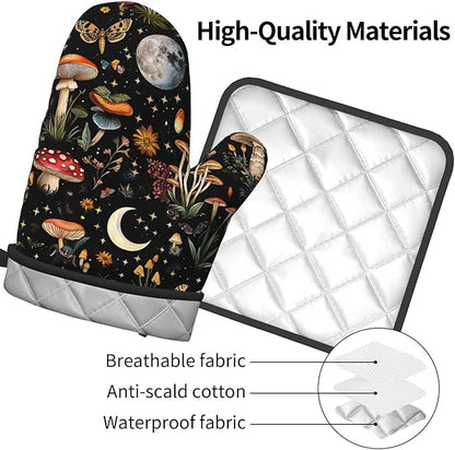 Cute Mushroom Oven Mitts and Pot Holders Sets of 3, Heat Resistant Black Hot Pads Oven Gloves with Hanging Loop for Cooking Grilling Baking, Boho Kitchen Decor, Witchy Gifts for Women Mushroom Lovers